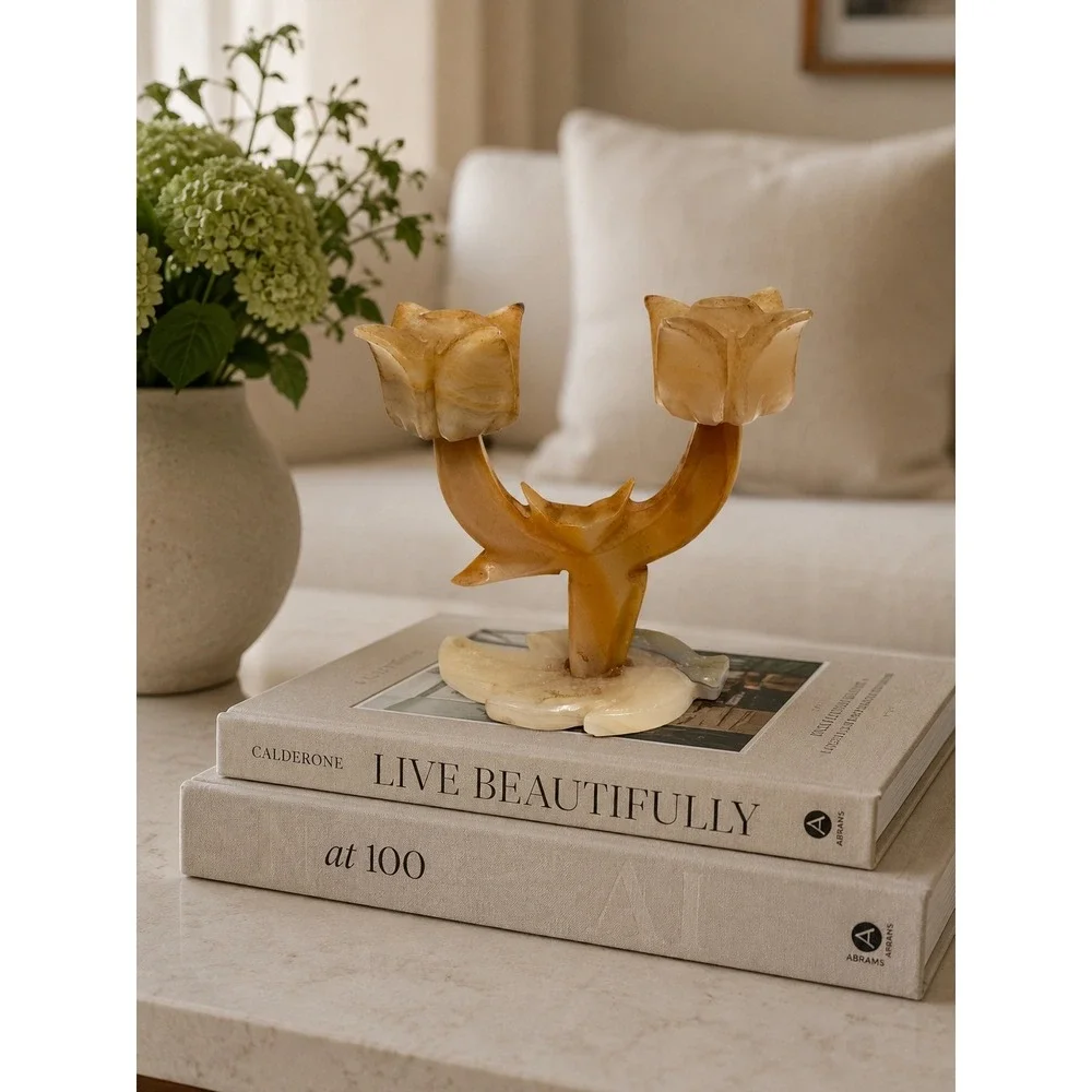 Vintage Onyx Stone Double Tulip Candle Holder Hand Carved Tan Cream 6in Heavy